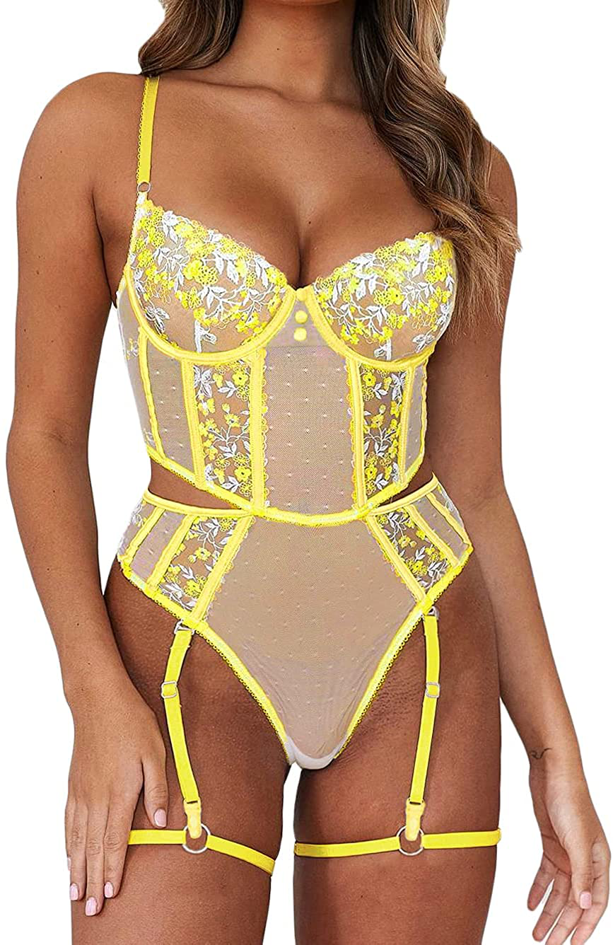 Kaei&Shi Teddy Lingerie for Women,Embroidered Lace Bodysuit with Garter,Snap Crotch One Piece Body Suit Apparel & Accessories > Clothing > Underwear & Socks > Lingerie Kaei&Shi Yellow 0-2