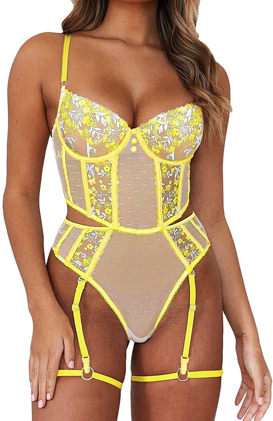 Kaei&Shi Teddy Lingerie for Women,Embroidered Lace Bodysuit with Garter,Snap Crotch One Piece Body Suit Apparel & Accessories > Clothing > Underwear & Socks > Lingerie Kaei&Shi Yellow 0-2