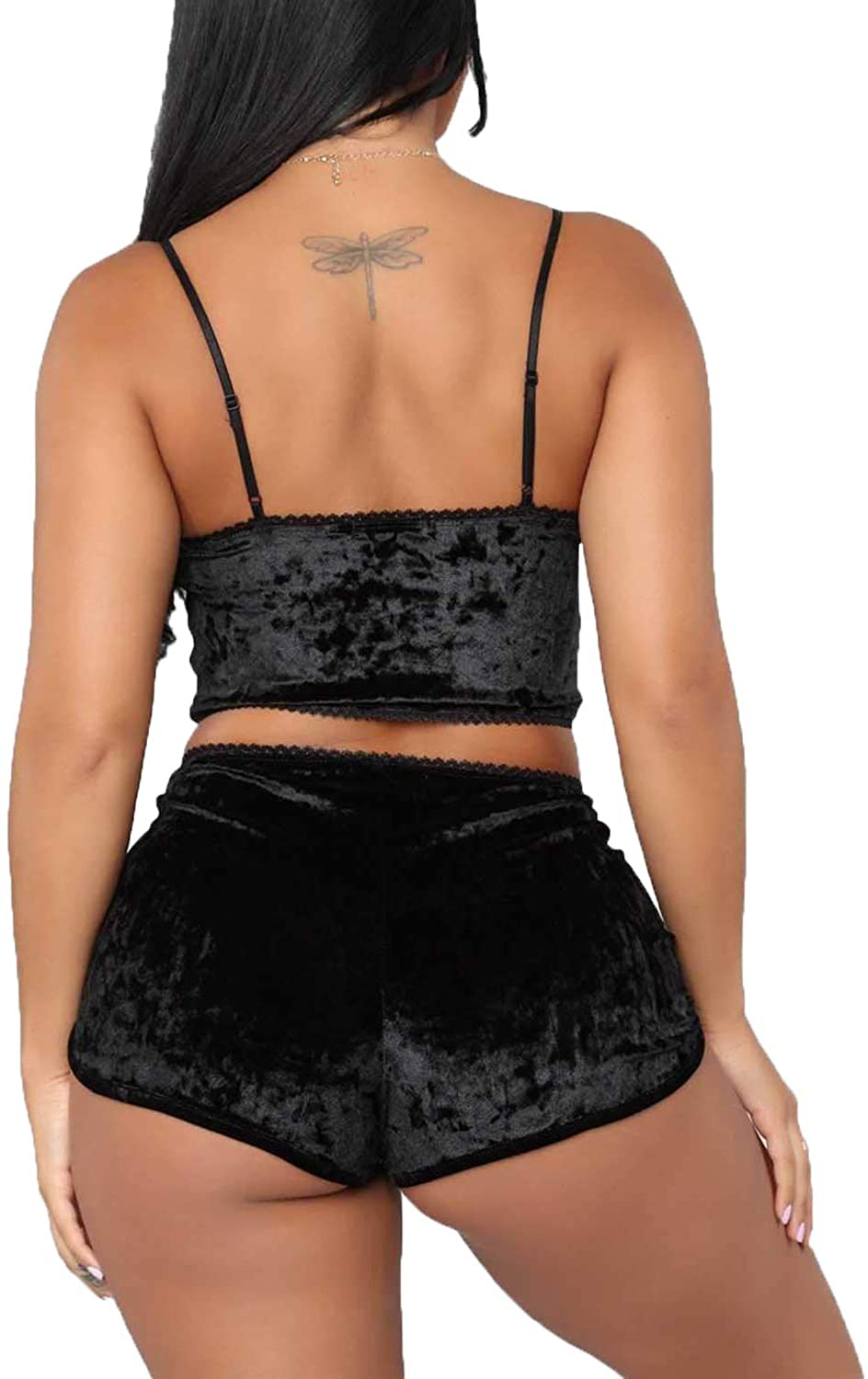 Springcmy Women'S Velvet 2PCS Outfits Spaghetti Strap Crop Top and Shorts Pajama Sets Pjs Lounge Wear Apparel & Accessories > Clothing > Sleepwear & Loungewear Kylie Max