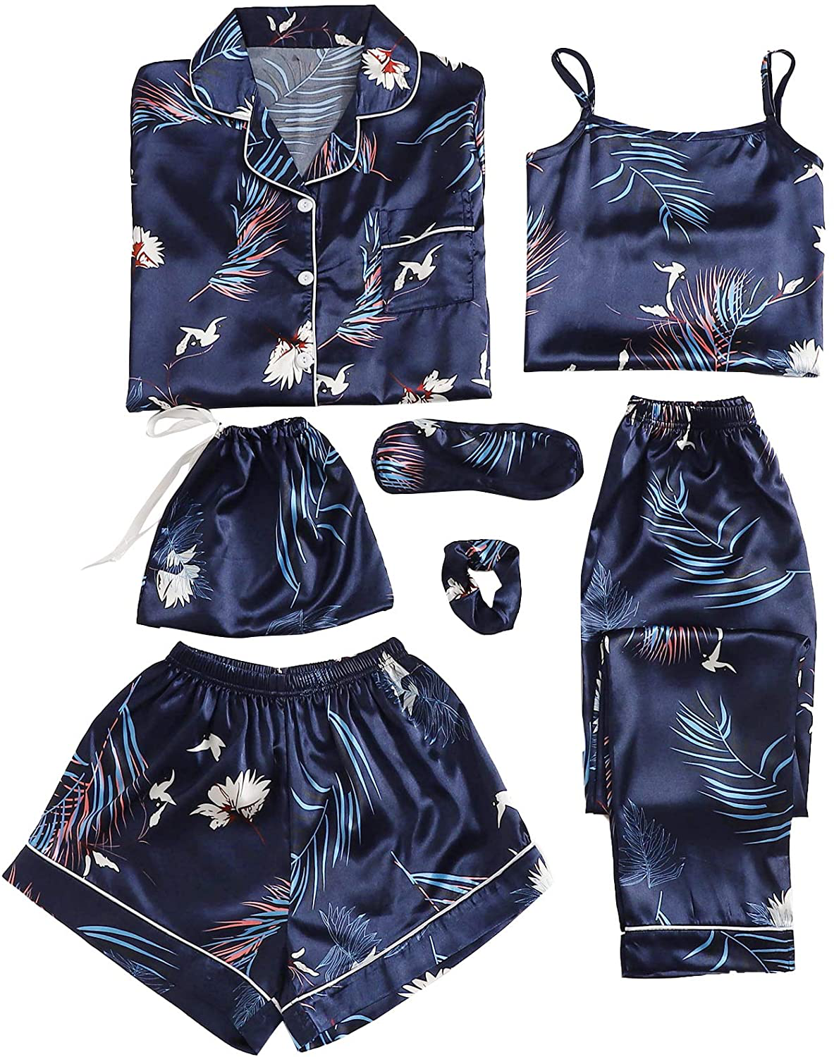 Shein Women'S 7Pcs Printed Cami and Shorts Satin Pajama Set with Shirt and Eye Mask Apparel & Accessories > Clothing > Sleepwear & Loungewear Kylie Max