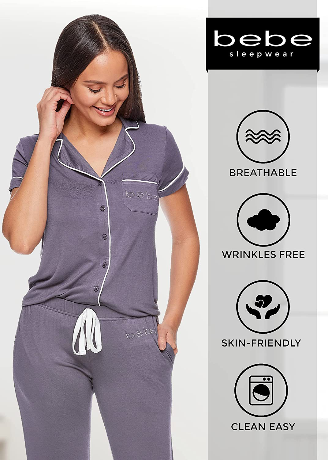 bebe Womens Button Down Short Sleeve Shirt and Pajama Pants Lounge Sleep Set Apparel & Accessories > Clothing > Sleepwear & Loungewear > Pajamas bebe