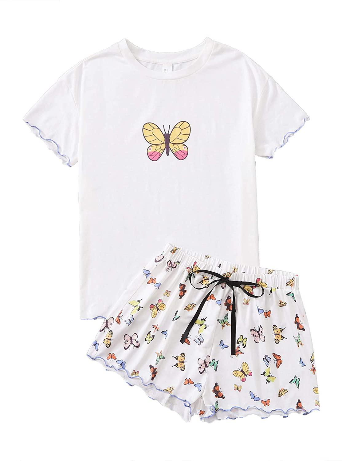 DIDK Women's Cute Cartoon Print Tee and Shorts Pajama Set Apparel & Accessories > Clothing > Sleepwear & Loungewear > Pajamas DIDK Butterfly White XX-Large