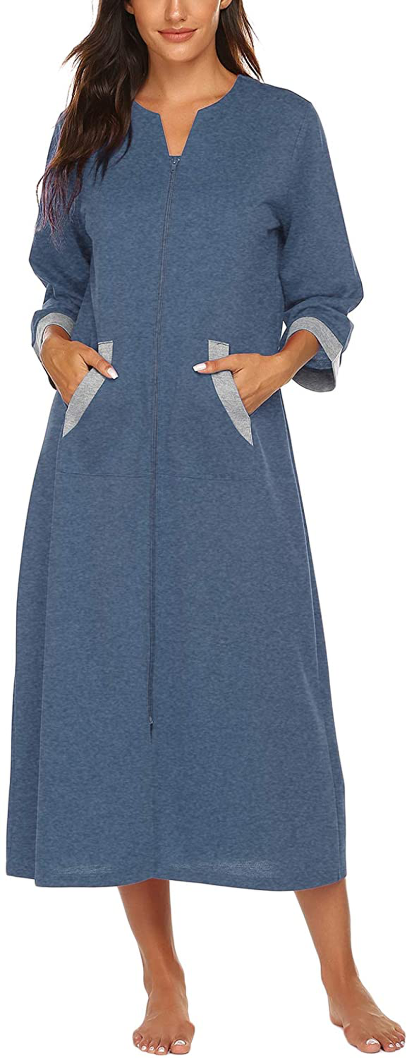Ekouaer Women Zipper Robe 3/4 Sleeves Loungewear Full Length Sleepwear Pockets Housecoat Long Soft Bathrobe Apparel & Accessories > Clothing > Sleepwear & Loungewear > Robes Ekouaer Style 1-navy Blue Small
