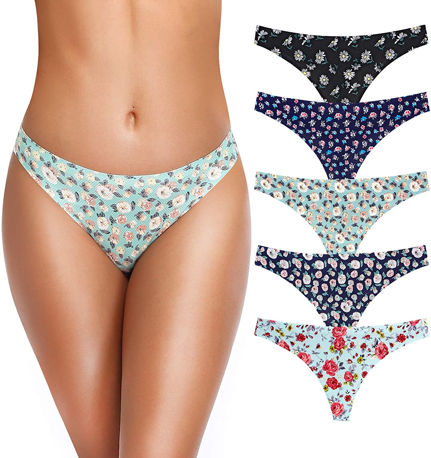 Thong Underwear for Women,No Show Breathable Cotton Womens Thongs Underwear Seamless Thongs for Women Apparel & Accessories > Clothing > Underwear & Socks > Underwear QOVOQ Multicoloured C-5pack Large