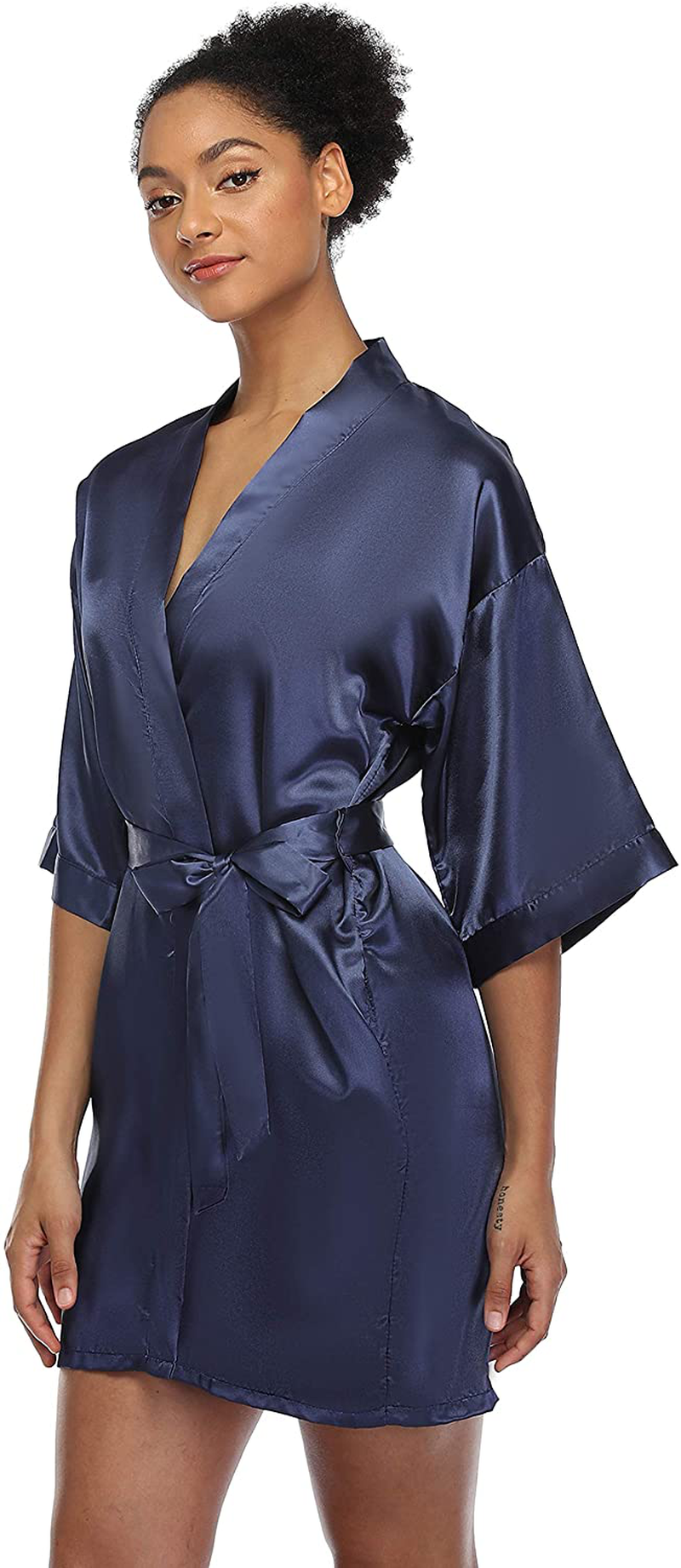 SUGAR JAN Women'S Short Satin Kimono Robes for Bride and Bridesmaids Silky Pure Color Bathrobe with Pockets Apparel & Accessories > Clothing > Sleepwear & Loungewear > Robes SUGAR JAN