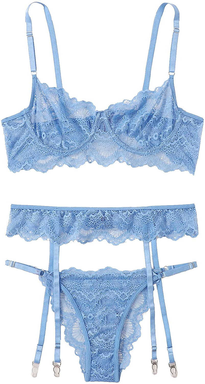 Shein Women'S 3 Piece Floral Lace Lingerie Set with Garter Belts Sexy Bra and Panty Apparel & Accessories > Clothing > Underwear & Socks > Lingerie SheIn