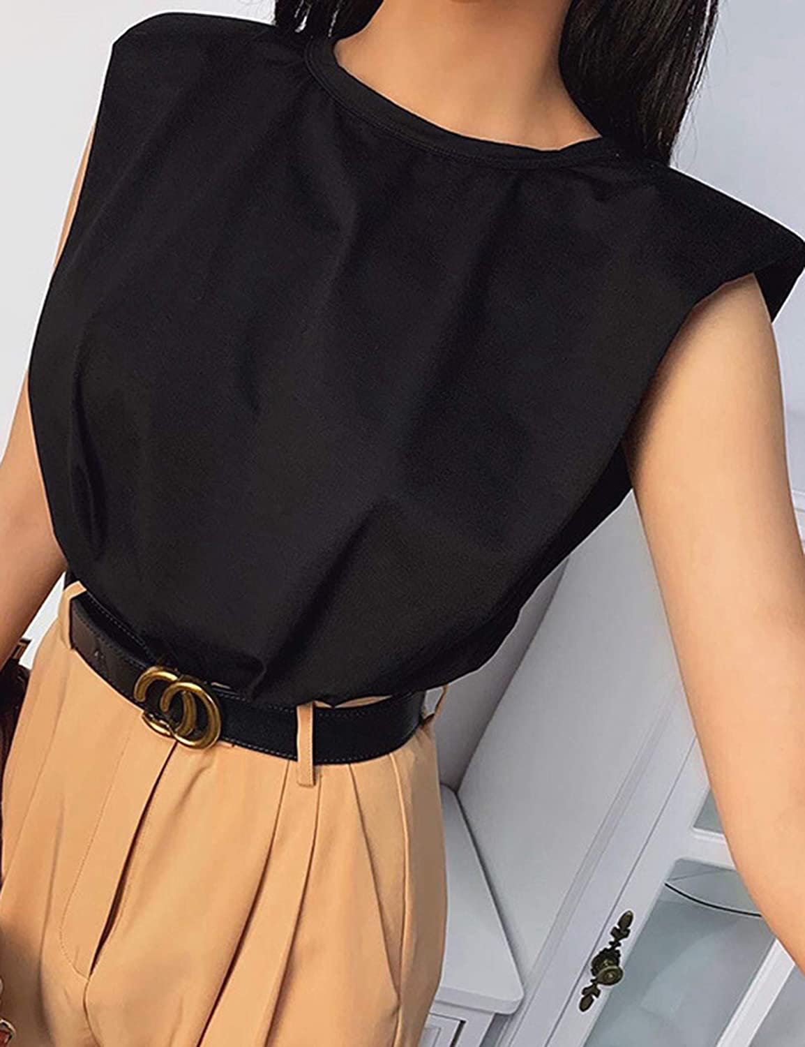 Meladyan Women’S Solid Cotton Padded Shoulder Sleeveless Tee Vest Crew Neck Loose Tank Tops Apparel & Accessories > Clothing > Activewear Kylie Max