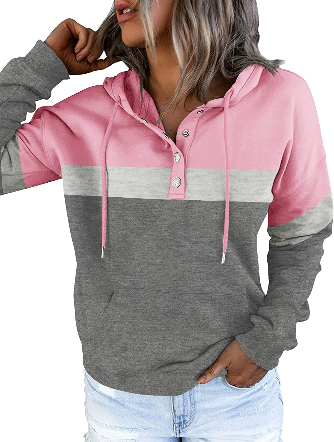 ETCYY Women'S Color Block Hoodies Tops Long Sleeve Casual Drawstring Button down Pullover Sweatshirt with Pocket Apparel & Accessories > Clothing > Activewear Kylie Max