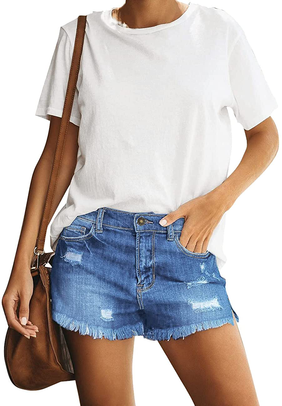 Luvamia Women'S Casual Mid Rise Denim Shorts Stretch Ripped Raw Hem Jean Shorts Apparel & Accessories > Clothing > Shorts Kylie Max