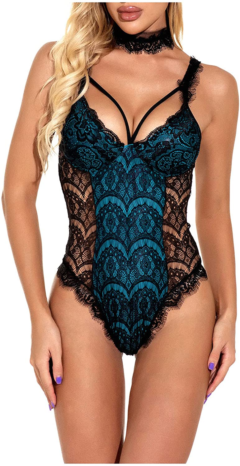 Wodceeke Sexy Bodysuit Lingerie for Women for Sex Naughty Play Lace Teddy Mesh Hollow Underwear plus Size One Peice Pajamas Apparel & Accessories > Clothing > Underwear & Socks > Shapewear wodceeke Blue Large