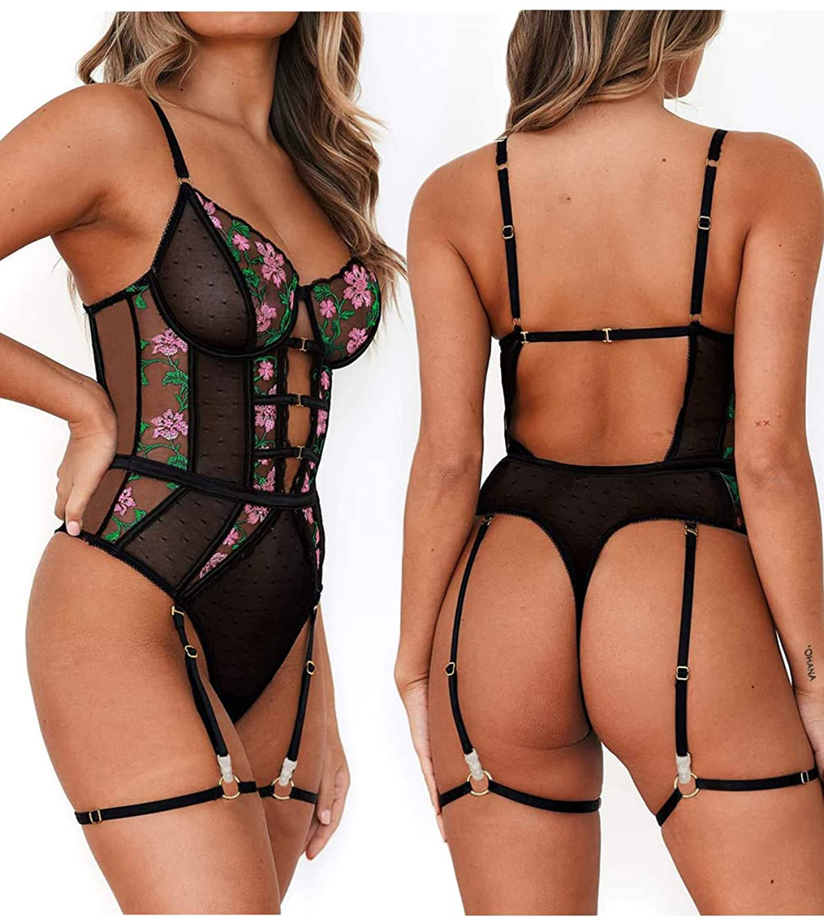 Teddy Lingerie for Women,Embroidered Sexy Floral Lace Bodysuit,Snap Crotch One Piece Body Suit Apparel & Accessories > Clothing > Underwear & Socks > Lingerie Kaei&Shi
