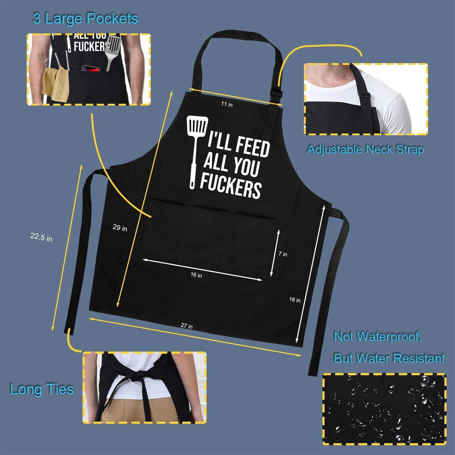 I'll Feed All You - Funny Aprons for Men, Women with 3 Pockets - Dad Gifts, Gifts for Men - Christmas, Thanksgiving, Birthday Gifts for Husband, Dad, Wife, Mom - Miracu Cooking Grilling BBQ Chef Apron Arts & Entertainment > Party & Celebration > Gift Giving Miracu