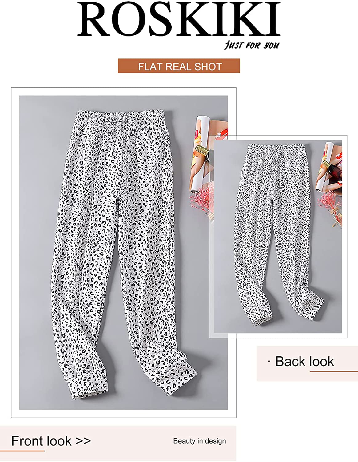 ROSKIKI Womens Leopard Drawstring Elastic Waist Sports Lounge Pants with Pockets Apparel & Accessories > Clothing > Activewear Kylie Max