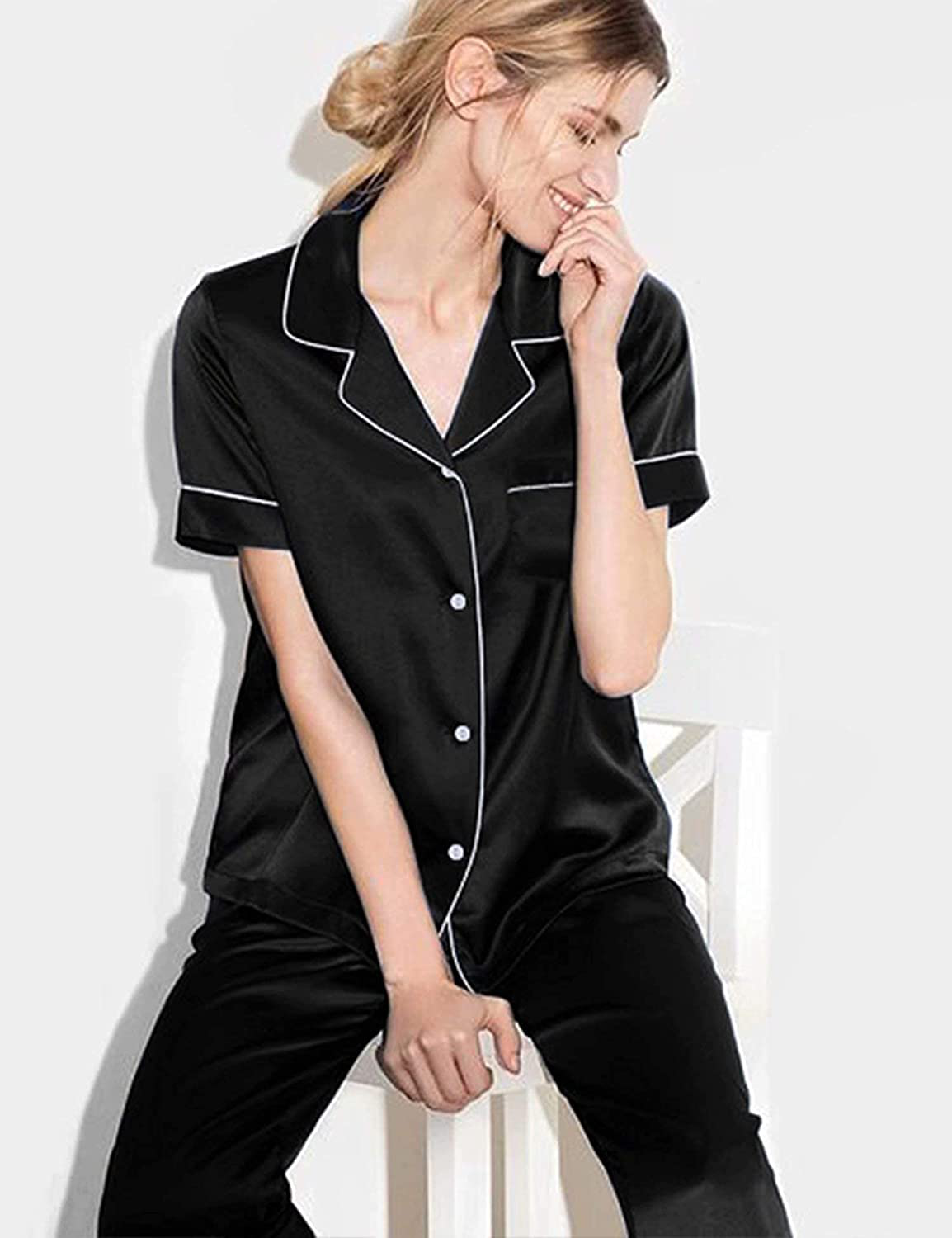 Lecgee Womens Silk Satin Pajamas Short Sleeve Loungewear Two-Piece Sleepwear Button-Down Pj Set Apparel & Accessories > Clothing > Sleepwear & Loungewear > Pajamas Kylie Max