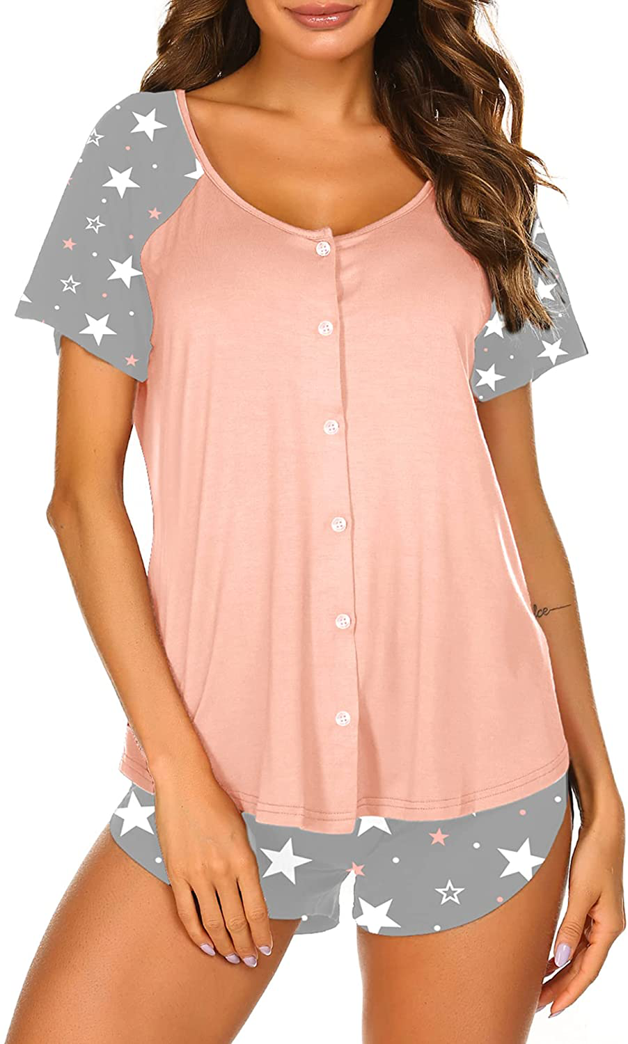Ekouaer Women's Pajama Short Sleeve Sleepwear Soft Pj Set Top and Shorts Pajamas Set Apparel & Accessories > Clothing > Sleepwear & Loungewear > Pajamas Ekouaer Style 1_pink Stars Medium
