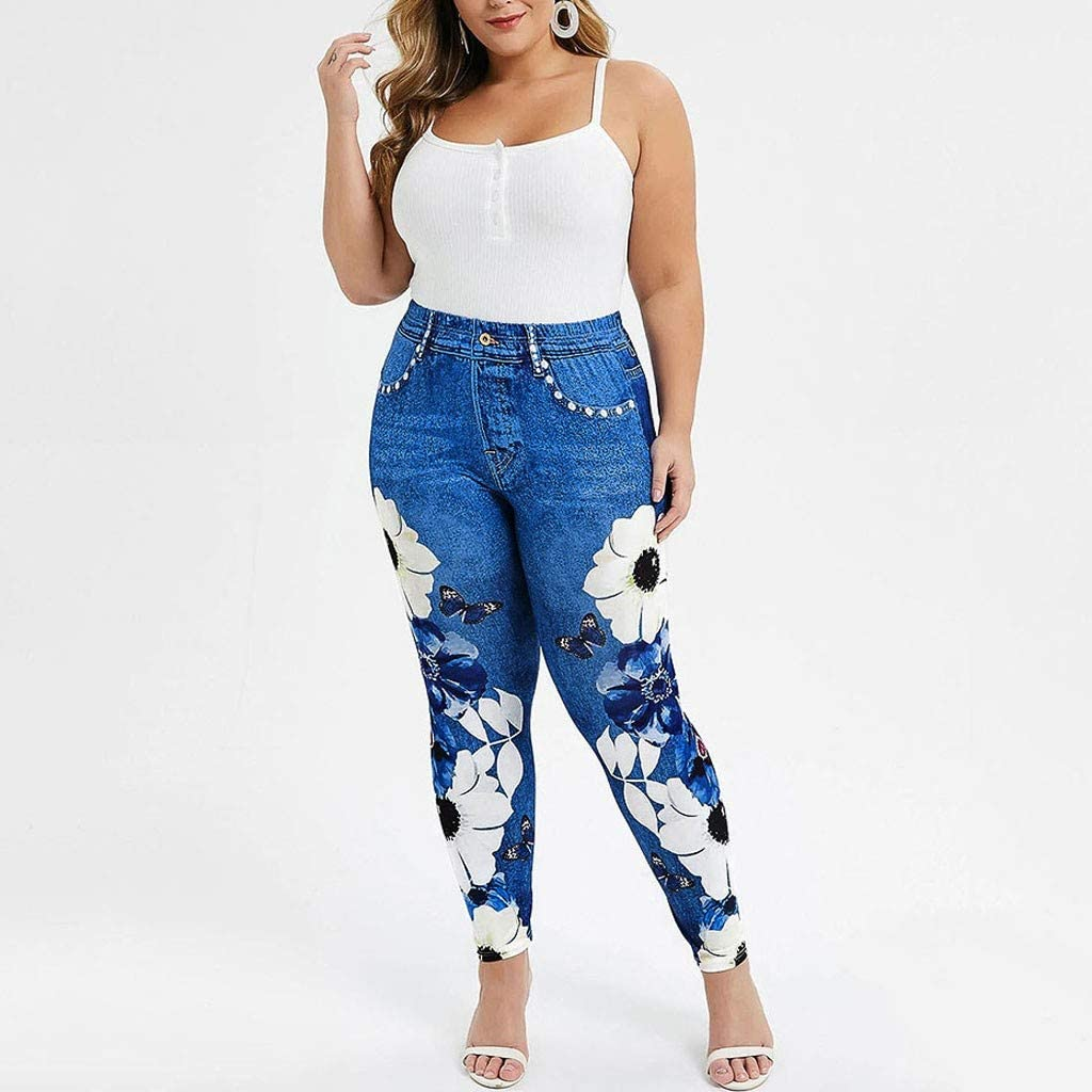 Burband Womens plus Size Stretch Drawstring Stretch Floral Print Jersey Capri Leggings High Rise Skinny Jeans Pants S-5XL Apparel & Accessories > Clothing > Underwear & Socks > Shapewear Burband