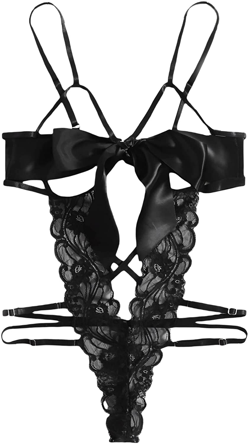 Romwe Women's Self Knot Front Teddy Lingerie One Piece Floral Lace Bodysuit Babydoll Apparel & Accessories > Clothing > Underwear & Socks > Lingerie ROMWE Black Lace Medium