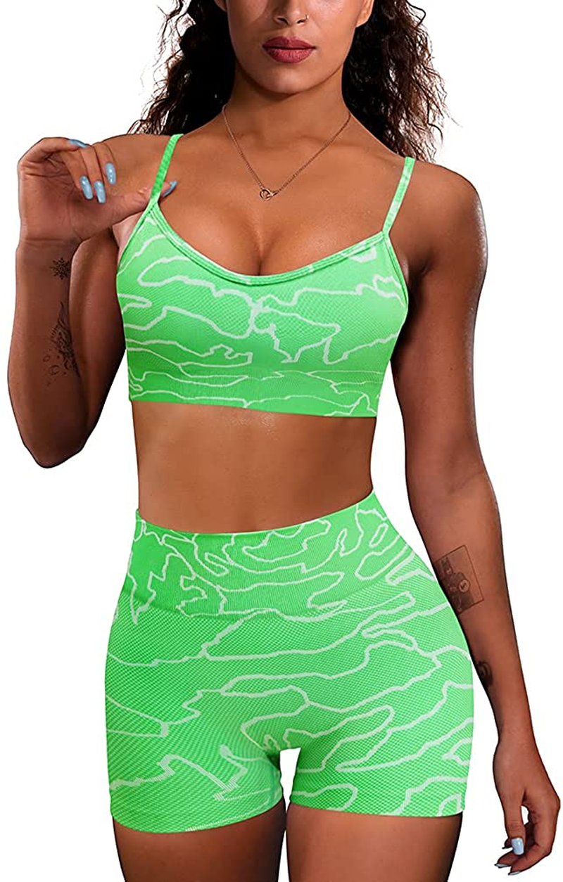 OQQ Yoga Outfit for Women Seamless 2 Piece Workout Gym High Waist Leggings with Sport Bra Set Apparel & Accessories > Clothing > Underwear & Socks > Lingerie HZSN D: Wave_greenwhite Large