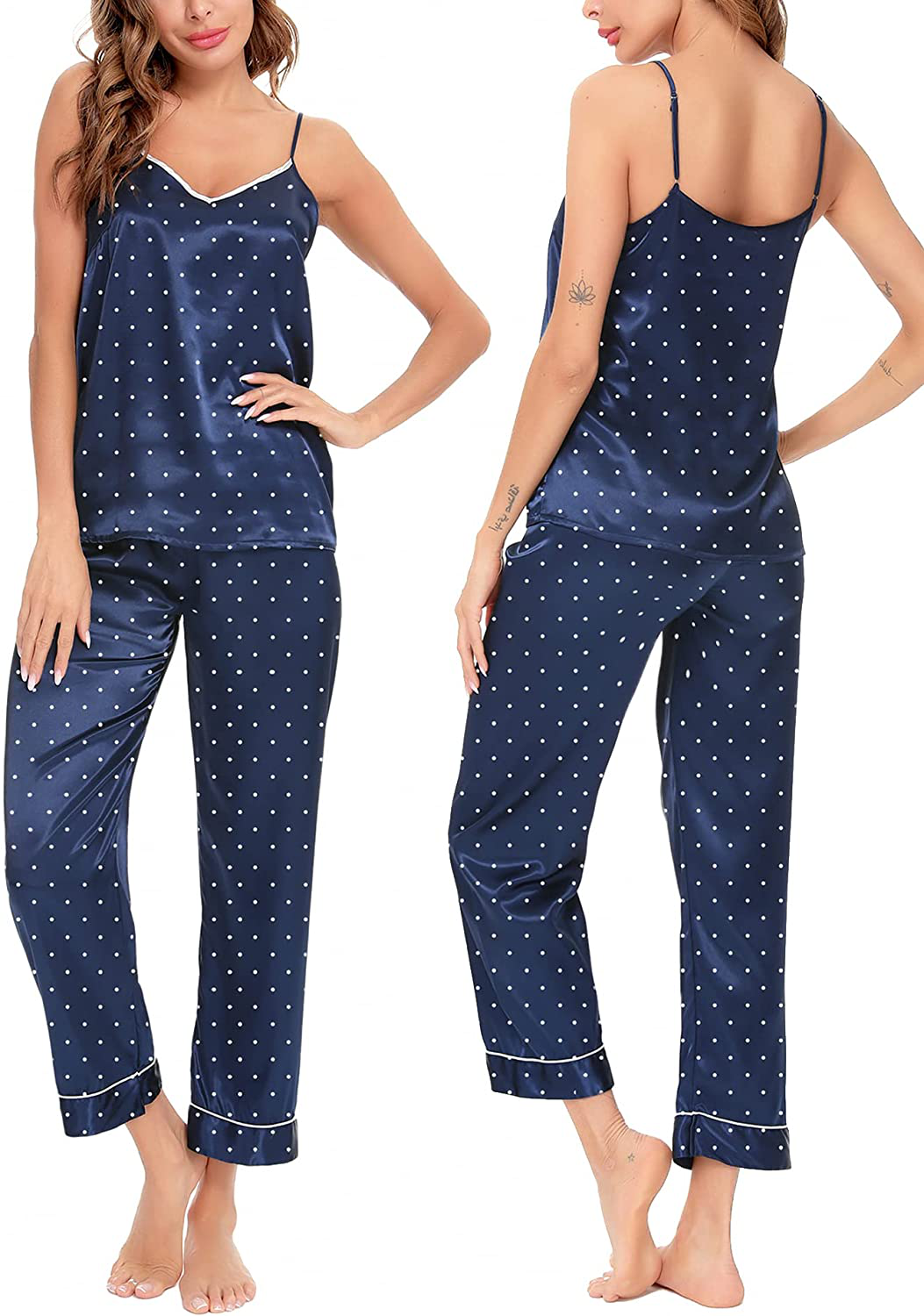 SWOMOG Womens Silk Satin Pajamas Set Two-Piece Pj Sets Cami Top and Capris Pants Sleepwear Apparel & Accessories > Clothing > Sleepwear & Loungewear Kylie Max