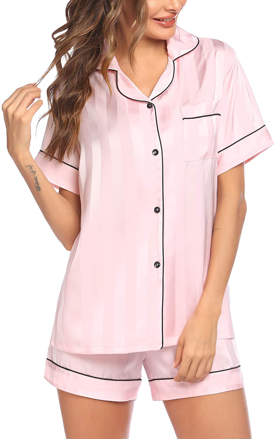 Ekouaer Satin Pajamas Women'S Short Sleeve Sleepwear Soft Silk Button down Loungewear Pjs Shorts Set S-XXL Apparel & Accessories > Clothing > Sleepwear & Loungewear Kylie Max