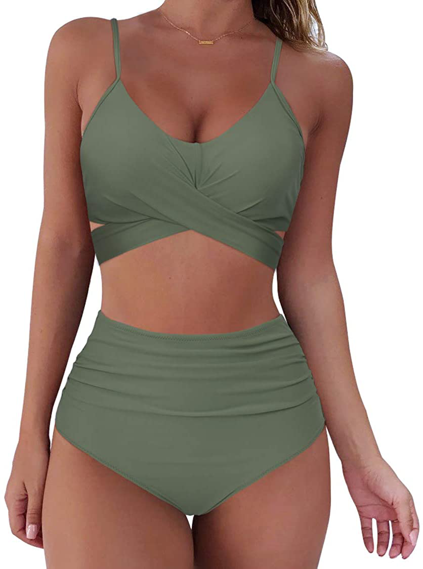 SUUKSESS Women Wrap Bikini Set Push Up High Waisted 2 Piece Swimsuits Apparel & Accessories > Clothing > Swimwear SUUKSESS 87 Army Green 4-6