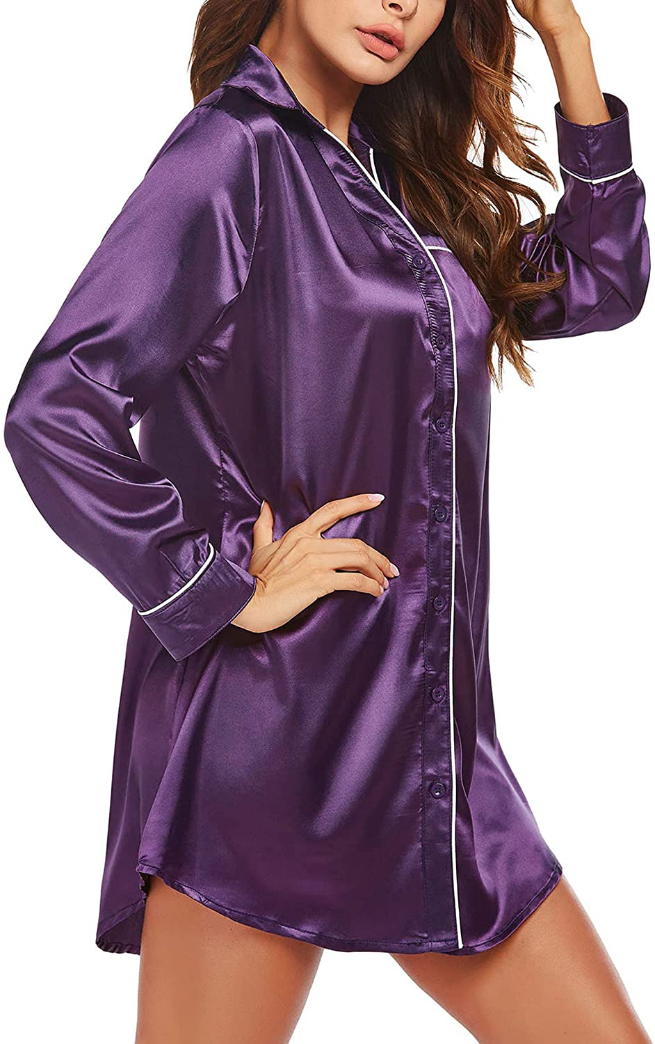 Ekouaer Women'S Long Sleeve Satin Sleepshirt Button down Nightgowns Silk Nightshirt Pajama Top Sleepwear S-XXL Apparel & Accessories > Clothing > Sleepwear & Loungewear > Nightgowns Kylie Max