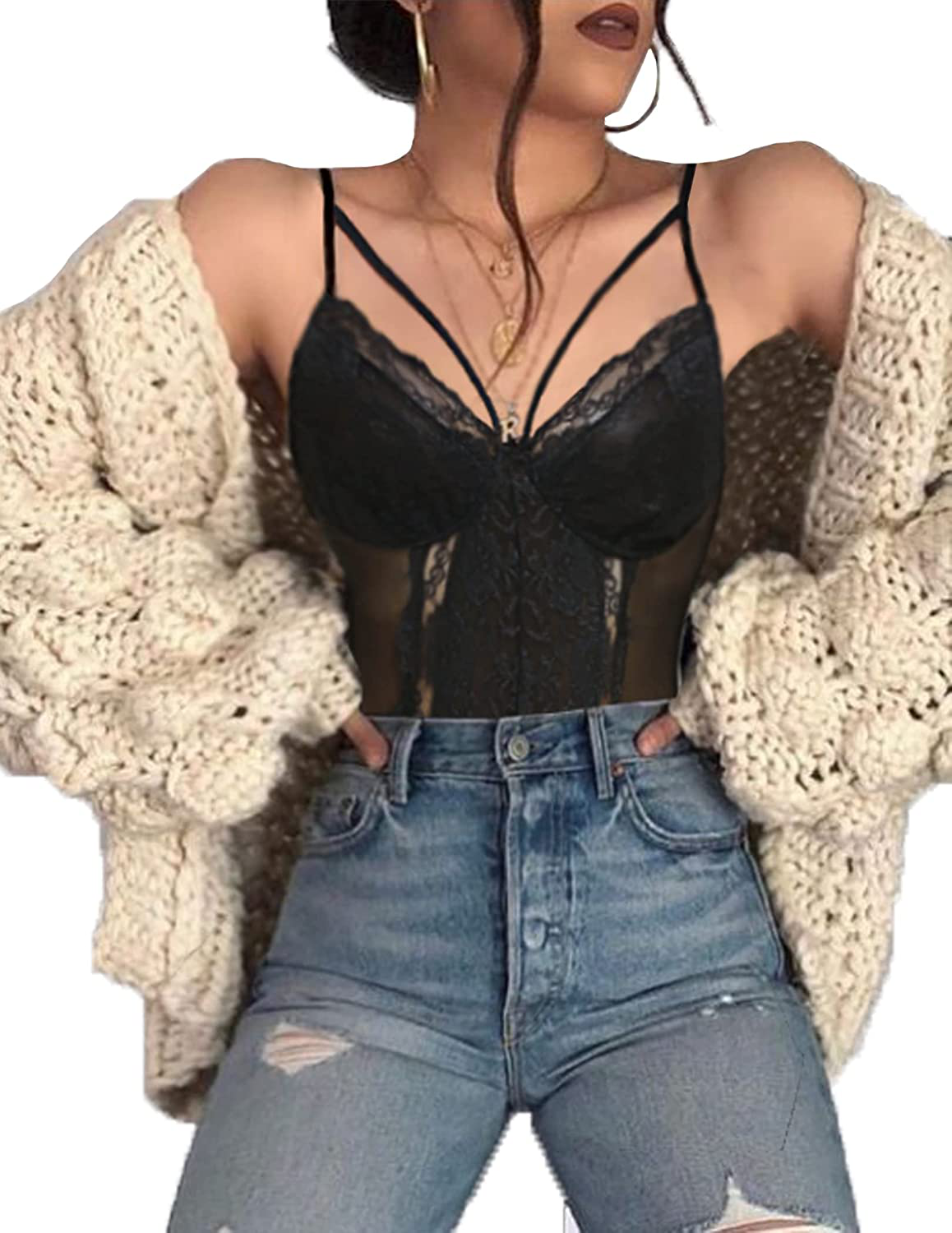 Avidlove Garter Lingerie For Women Sexy Lace Teddy Chemise One Piece Bodysuit Apparel & Accessories > Clothing > Underwear & Socks > Lingerie Avidlove Black XX-Large