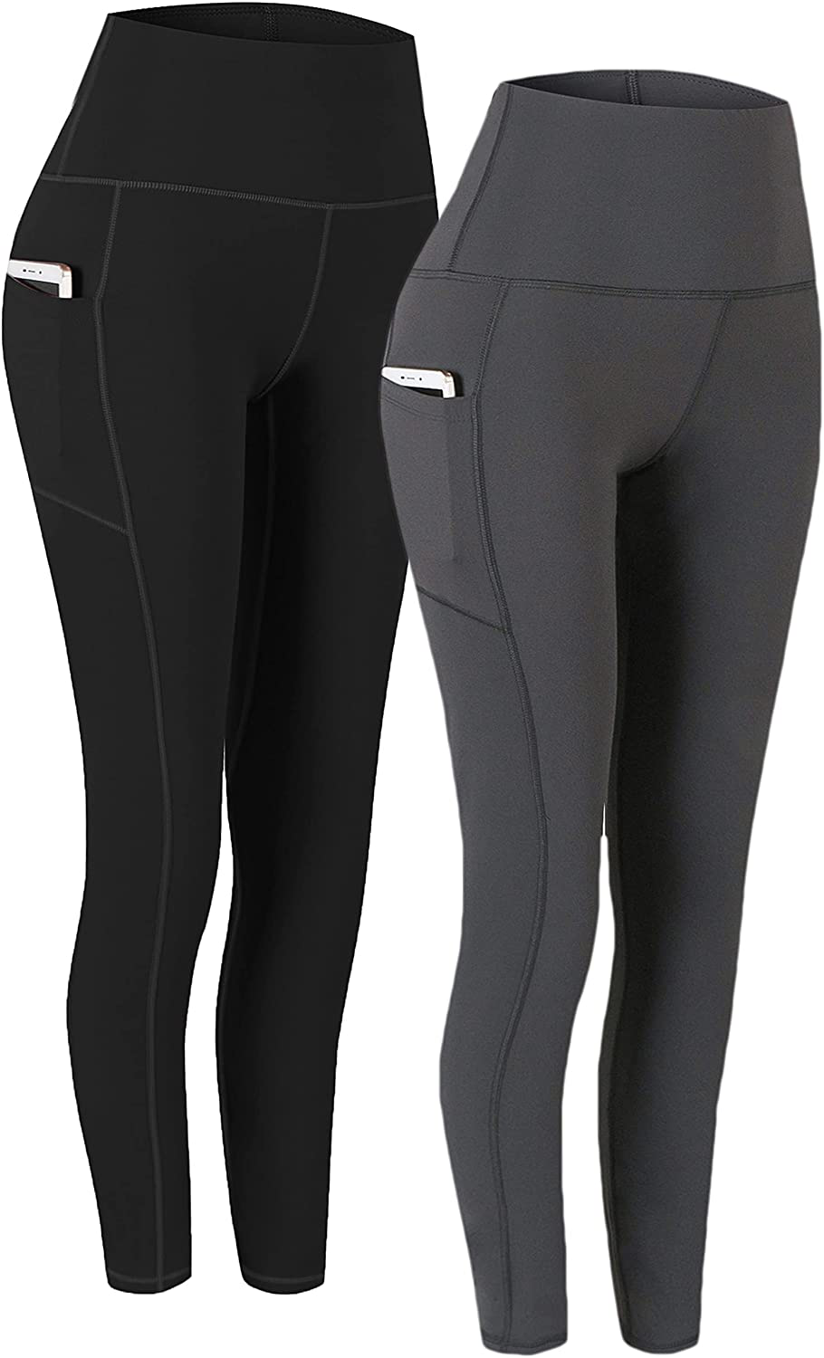 Fengbay 2 Pack High Waist Yoga Pants, Pocket Yoga Pants Tummy Control Workout Running 4 Way Stretch Yoga Leggings Apparel & Accessories > Clothing > Activewear Fengbay Black & Dark Grey Large
