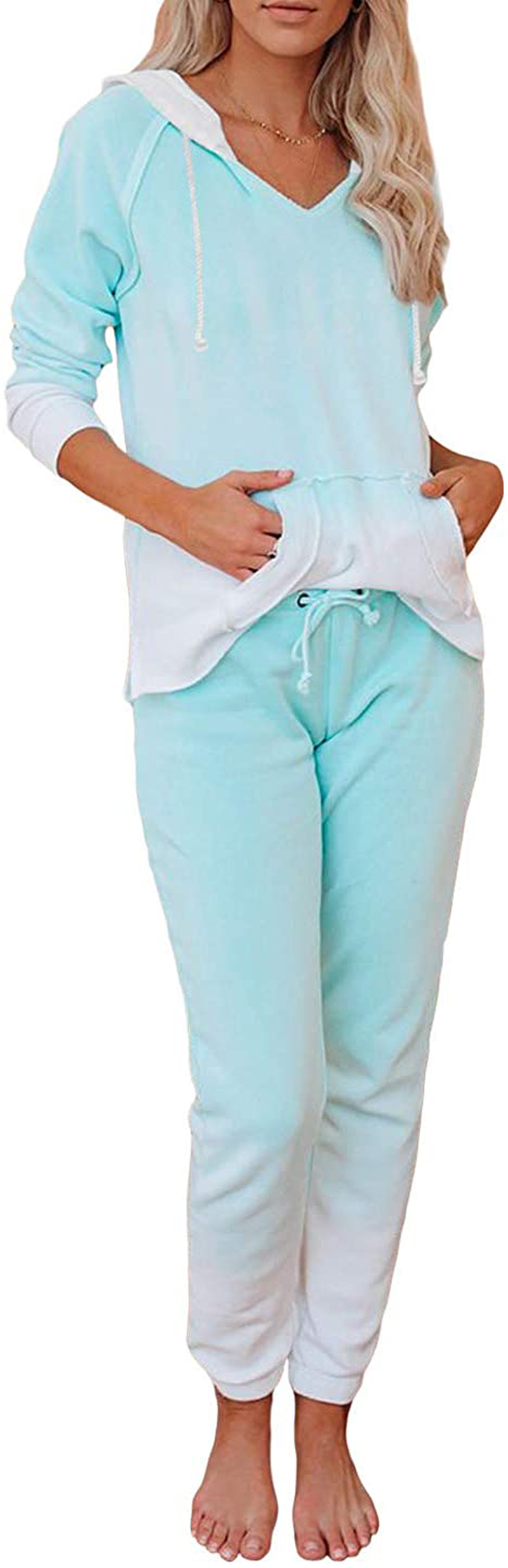 KIRUNDO Women’s Tie Dye Pajamas Set Long Sleeves Jogger PJ Sets Two Pieces Round Neck Loungewear Nightwear Sleepwear Apparel & Accessories > Clothing > Sleepwear & Loungewear > Pajamas KIRUNDO Light Blue Small