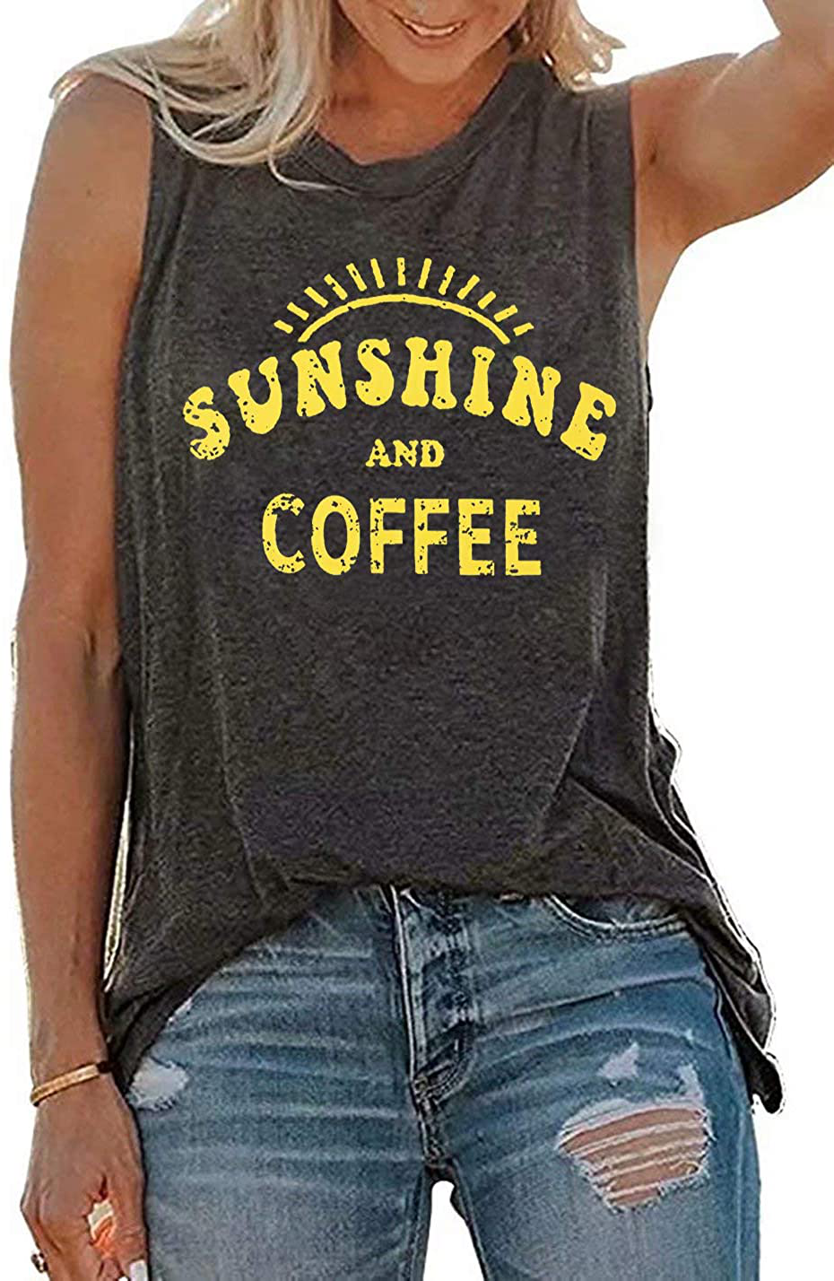 Umsuhu Sunshine and Coffee Tank Casual Summer Graphic Tank Tops for Women Sleeveless Graphic Tank Tops Tee Shirts Apparel & Accessories > Clothing > Activewear Kylie Max