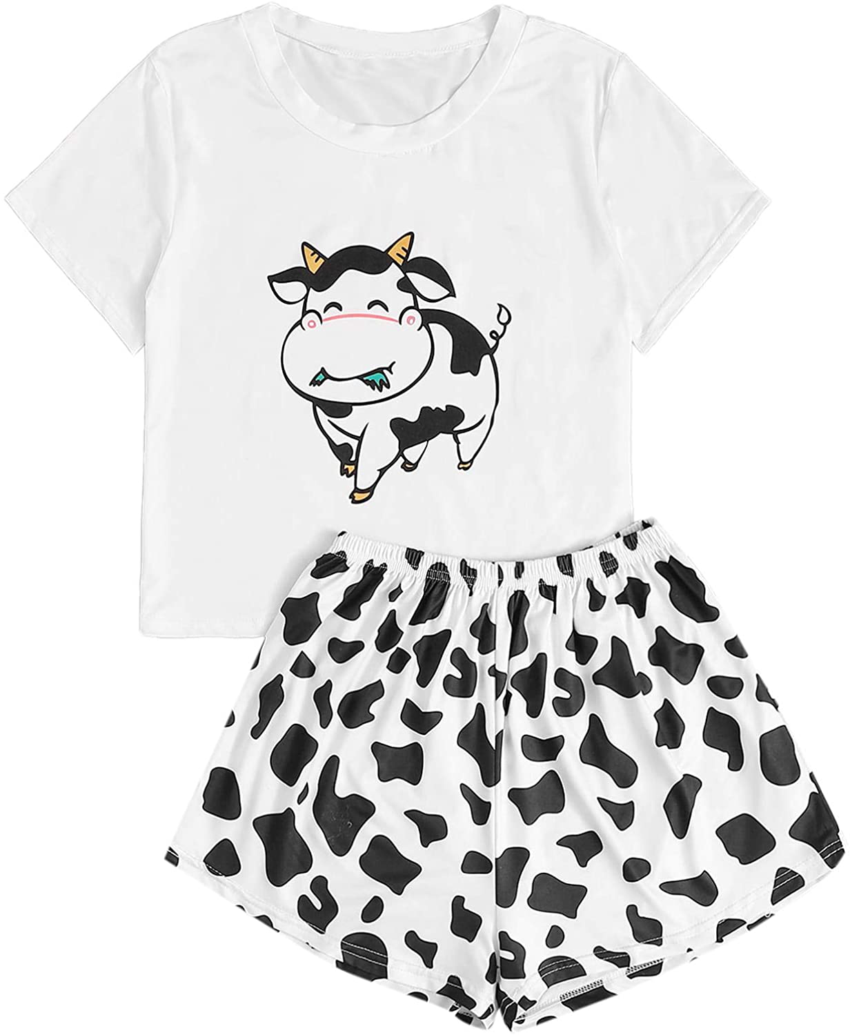 DIDK Women's Cute Cartoon Print Tee and Shorts Pajama Set Apparel & Accessories > Clothing > Sleepwear & Loungewear > Pajamas DIDK Cow White Large