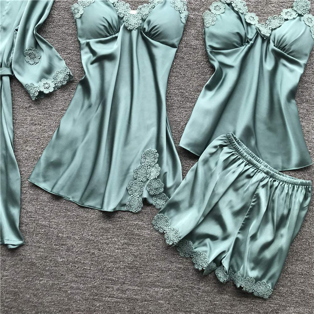 SAPJON Women'S 4Pcs Silk Satin Pajama Set Sexy Cami Top Nightgown Lace Sleepwear Robe Sets Nightdress with Chest Pads Apparel & Accessories > Clothing > Sleepwear & Loungewear Kylie Max