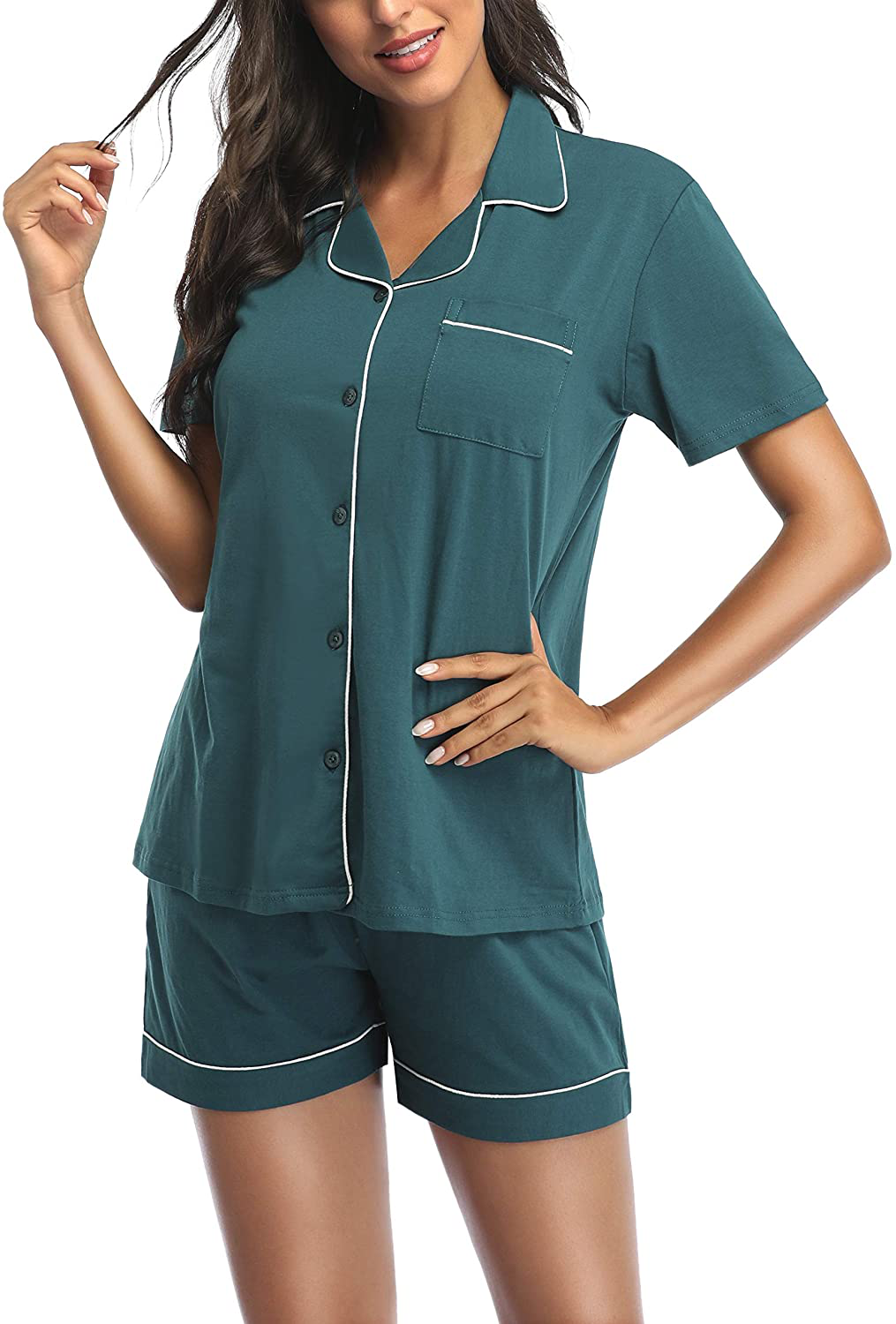 Women's Pajamas Set, Short Sleeve Sleepwear Button-Down Nightwear Soft Pj Lounge Sets Pajamas for Women Apparel & Accessories > Clothing > Sleepwear & Loungewear > Pajamas CULAYII Dark Green Medium