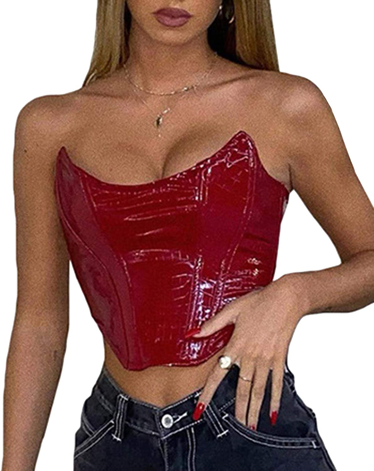 Modegal Women'S Satin Strapless Open Back Zipper Push up Fish Boned Overbust Bustier Corset Crop Top Apparel & Accessories > Clothing > Underwear & Socks > Lingerie Modegal