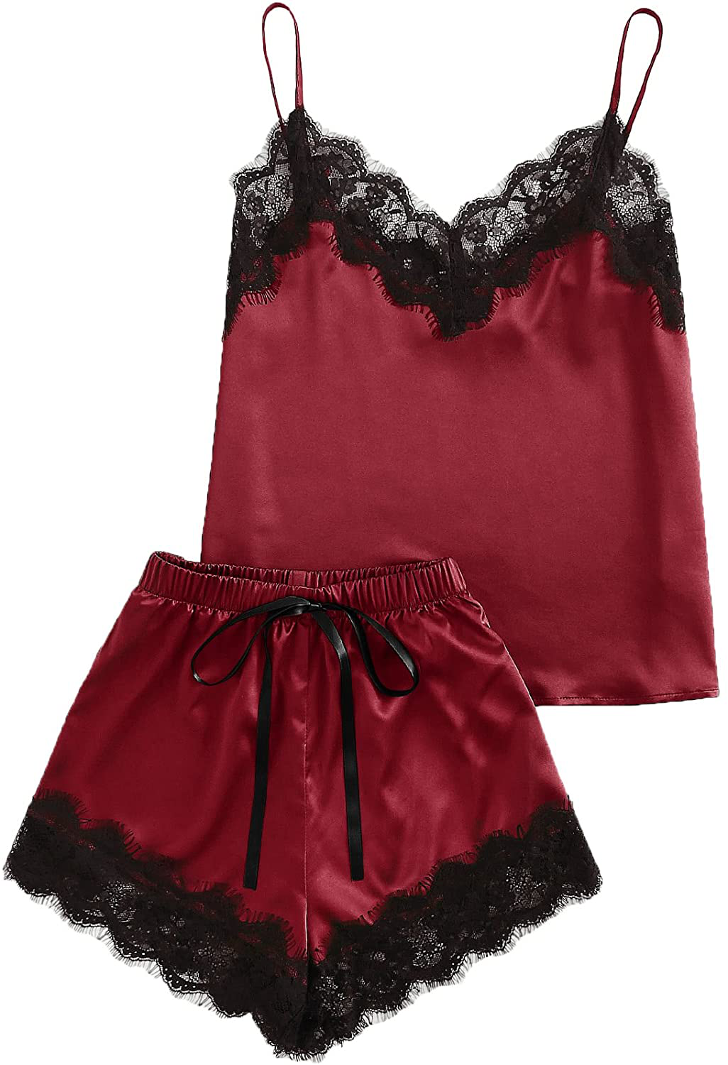 Makemechic Women'S Lace Satin Sleepwear Cami Top and Shorts Pajama Set Apparel & Accessories > Clothing > Sleepwear & Loungewear Kylie Max