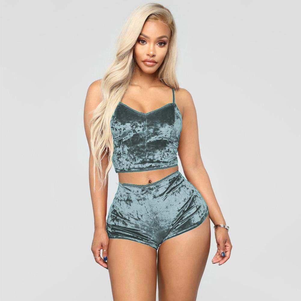 Women Sexy Velvet 2 Piece Outfit Spaghetti Strap Leopard Tie Dye Cami Crop Top + Shorts Bottom Sleepwear Pajama Set Nightwear Apparel & Accessories > Clothing > Sleepwear & Loungewear Kylie Max