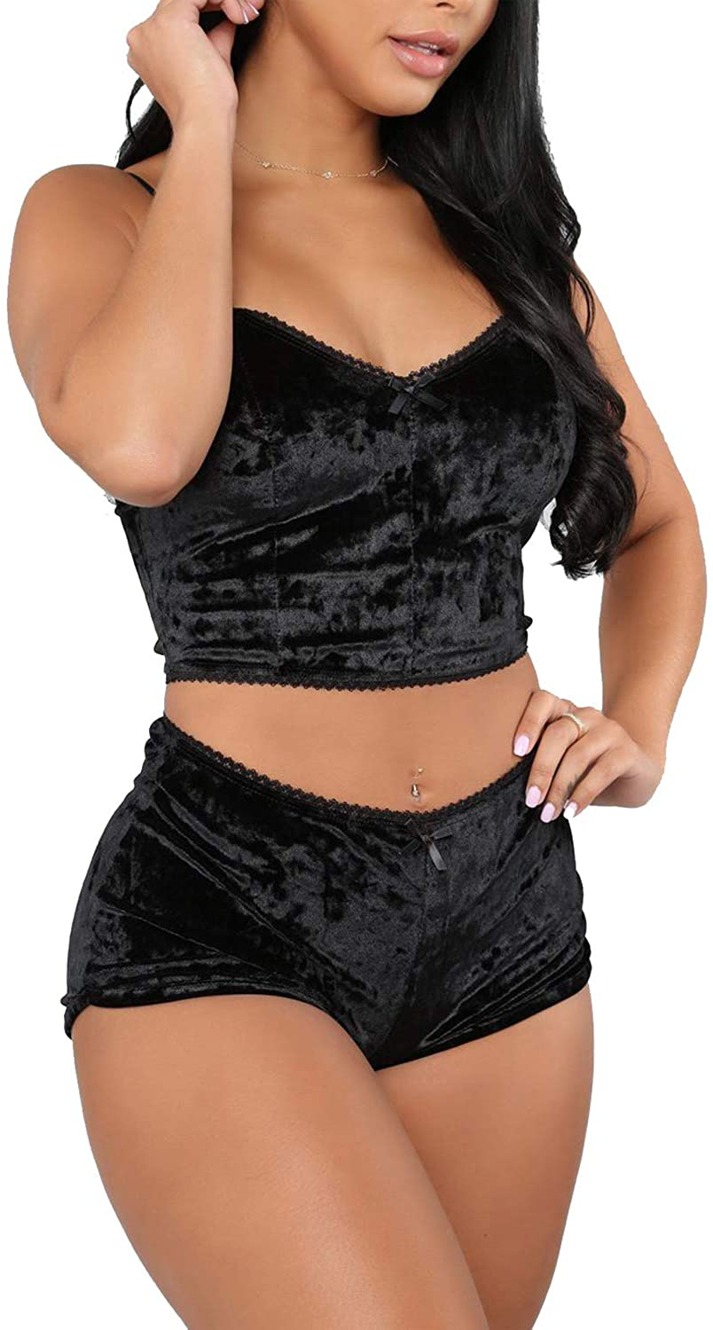 Springcmy Women'S Velvet 2PCS Outfits Spaghetti Strap Crop Top and Shorts Pajama Sets Pjs Lounge Wear Apparel & Accessories > Clothing > Sleepwear & Loungewear Kylie Max