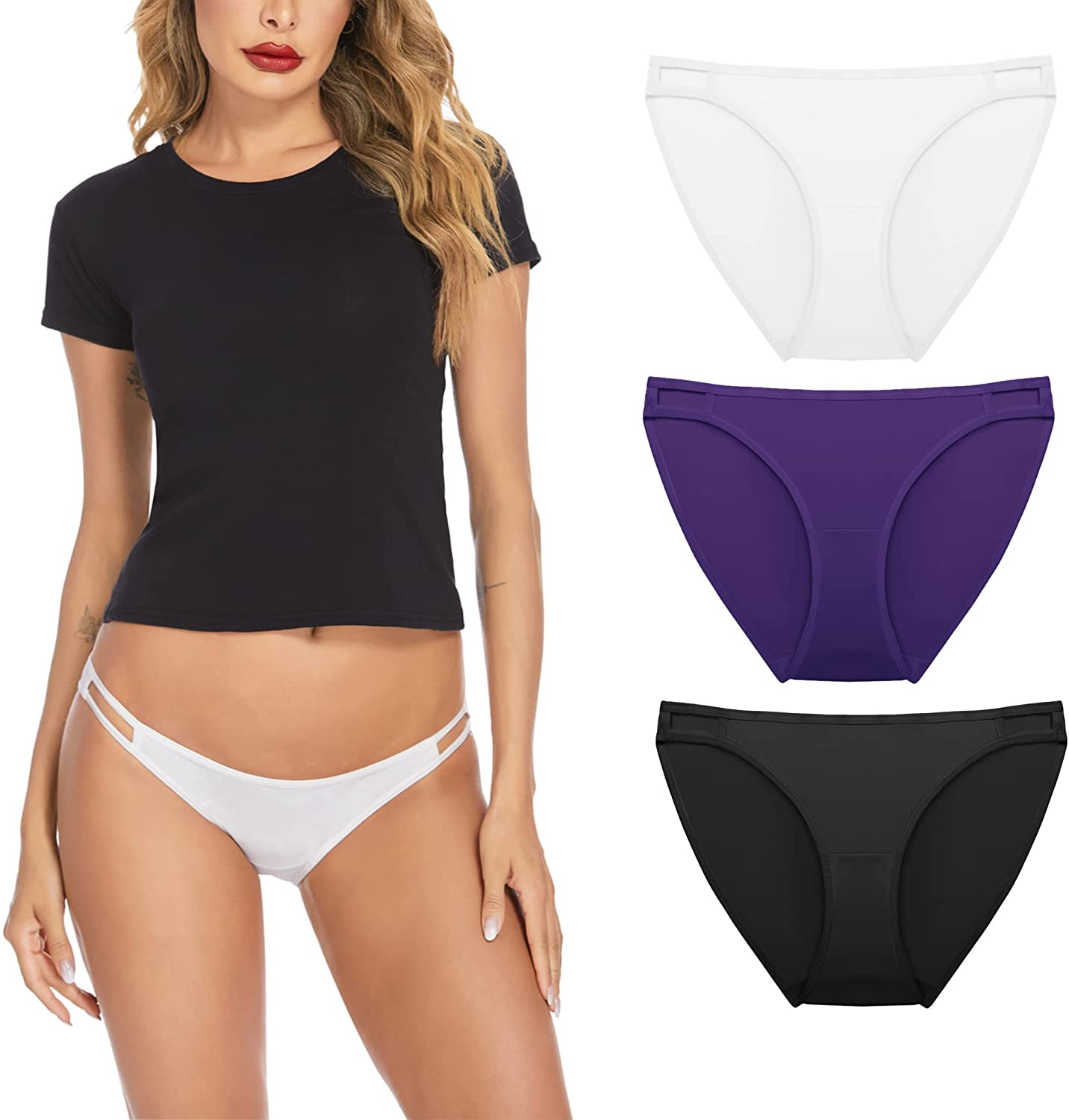 Ekouaer Sexy Ice Silk Bikini Underwear Panty Womens Seamless String Briefs Soft Stretch Breathable Invisible Panty 3 Pack Apparel & Accessories > Clothing > Underwear & Socks > Underwear Ekouaer Purple/Black/White2-3 Pack X-Large