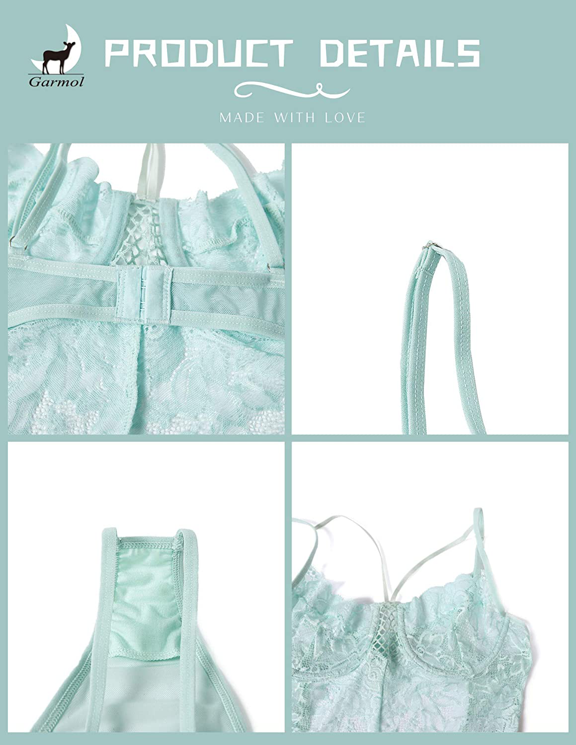 Garmol Womens Teddy Lingerie, Lace Underwear Cups Mesh Bodysuit Deep V Neck One Piece Babydoll, XS-XL Apparel & Accessories > Clothing > Underwear & Socks > Lingerie Garmol