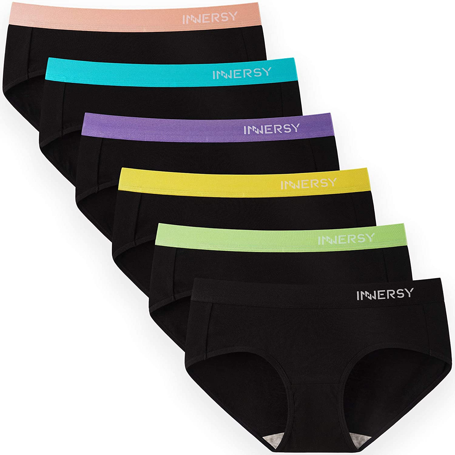 INNERSY Womens Underwear Hipster Panties Cotton Low Rise Briefs Pack of 6 Apparel & Accessories > Clothing > Underwear & Socks > Underwear INNERSY 6 Blacks With Color Waistbands Medium