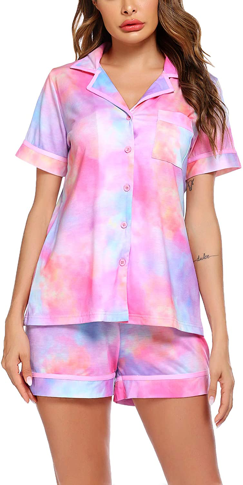 Ekouaer Pajamas Soft Striped Women's Short Sleeve Button Sleepwear Shorts Shirt PJ Set(S-XXL) Apparel & Accessories > Clothing > Sleepwear & Loungewear > Pajamas Ekouaer F-tie Dye X-Large
