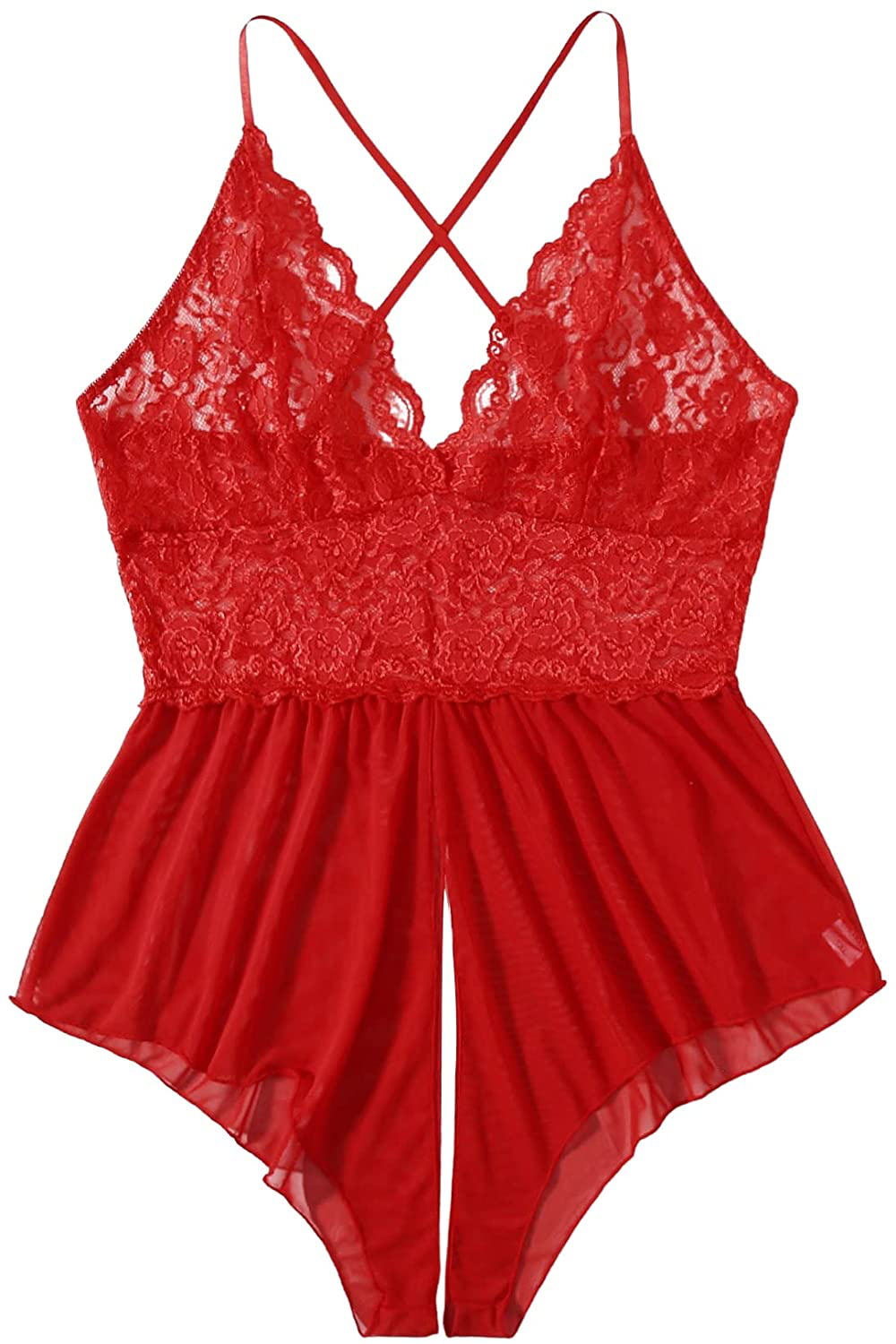 SOLY HUX Women's Plus Size Floral Lace Mesh Cross Back Lingerie Teddy Bodysuit Apparel & Accessories > Clothing > Underwear & Socks > Lingerie SOLY HUX Red 3X-Large Plus