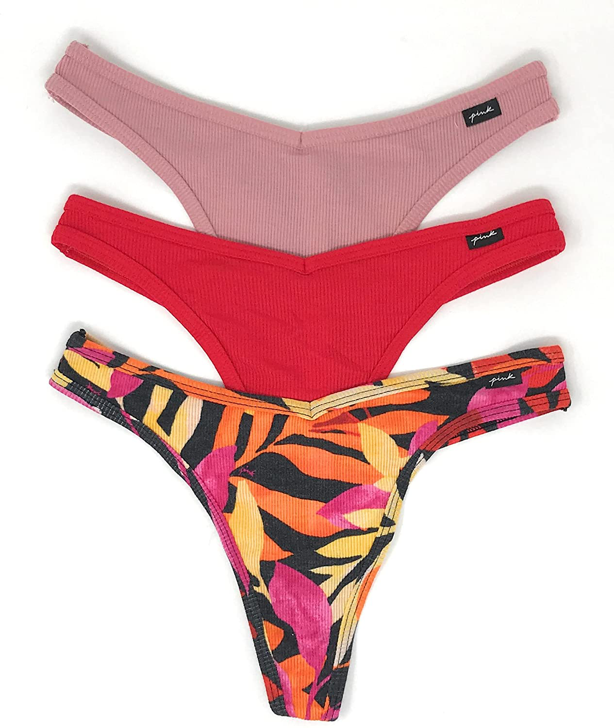 Victoria's Secret PINK Thong Panty Set of 3 Apparel & Accessories > Clothing > Underwear & Socks > Underwear Victoria's Secret Rib Damsel Pink / Red / Tropical Small