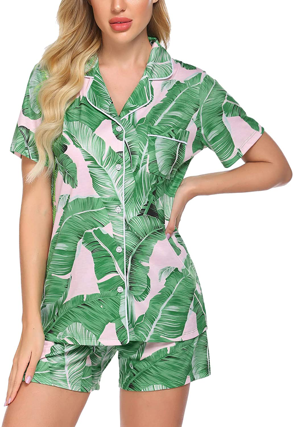 Ekouaer Pajamas Set Short Sleeve Sleepwear Womens Button Down Nightwear Soft Pj Lounge Sets XS-XXL Apparel & Accessories > Clothing > Sleepwear & Loungewear > Pajamas Ekouaer Pat3-pink Leaves Large