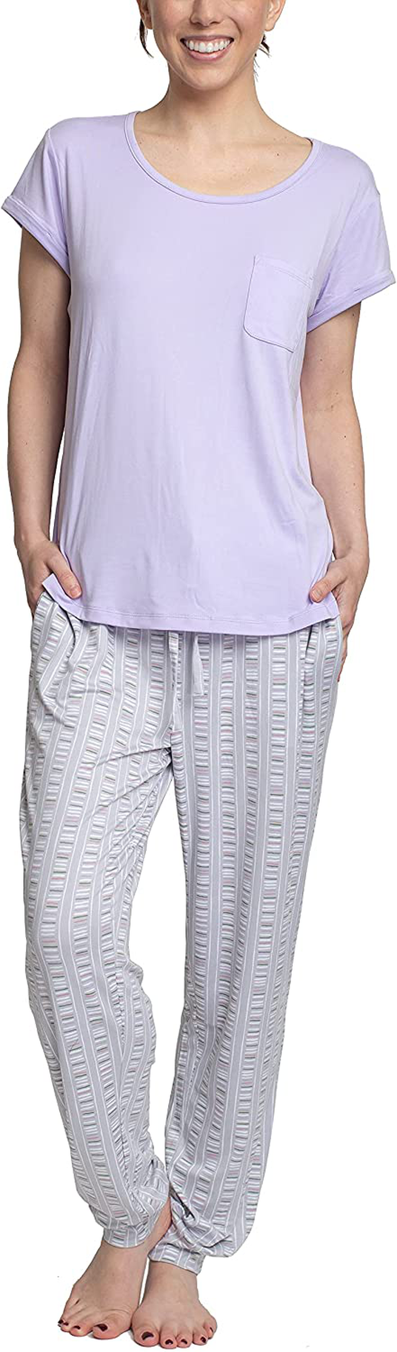 Hanes Women's Short Sleeve Top and Jogger Pant Cargo Pajama Sleep Set with Pockets Apparel & Accessories > Clothing > Sleepwear & Loungewear > Pajamas Hanes Purple/Stripe Small