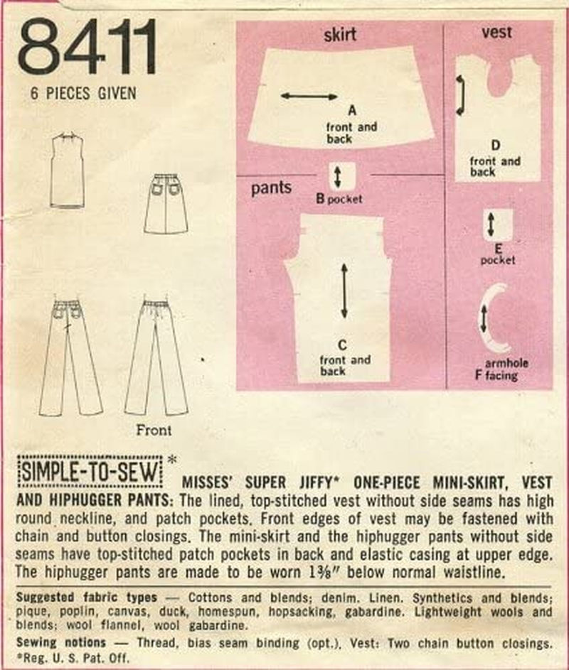 Simplicity 8411 Sewing Pattern Misses Mini-Skirt Vest Hiphugger Pants Size 14 - Bust 36 Apparel & Accessories > Clothing > Underwear & Socks > Underwear Simplicity