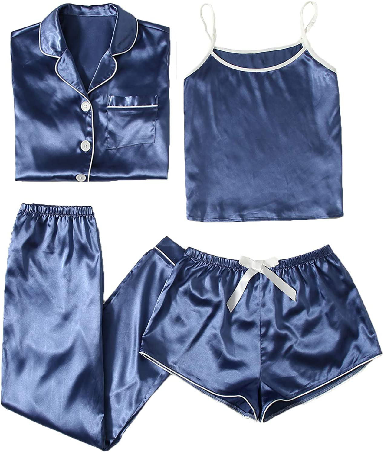 WDIRARA Women'S Silk Satin Pajama Set 4 Pieces Sleepwear Loungewear Pj Sets Apparel & Accessories > Clothing > Sleepwear & Loungewear Kylie Max
