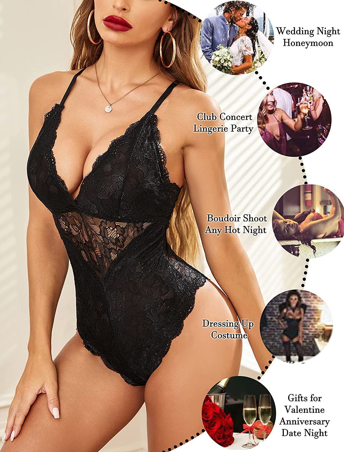 Avidlove Women Snap Crotch Lingerie Sexy Lace Bodysuit Deep V Teddy One Piece Lace Babydoll Apparel & Accessories > Clothing > Underwear & Socks > Lingerie Kylie Max