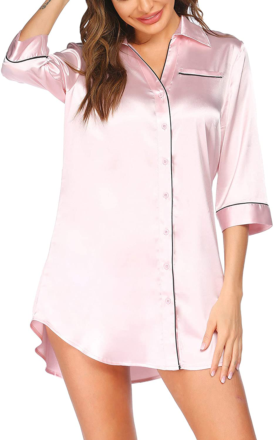 Ekouaer Women'S Long Sleeve Satin Sleepshirt Button down Nightgowns Silk Nightshirt Pajama Top Sleepwear S-XXL Apparel & Accessories > Clothing > Sleepwear & Loungewear > Nightgowns Kylie Max