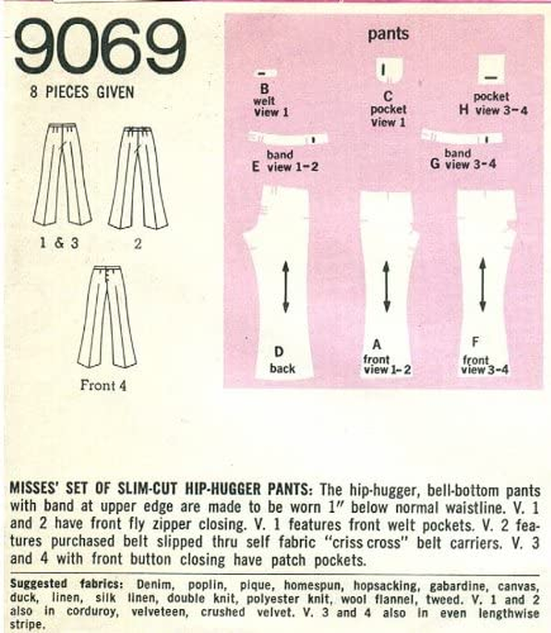 Simplicity 9069 Misses Slim Cut Hippie Hip-Hugger Pants Vintage Sewing Pattern, Check Listings for Size Apparel & Accessories > Clothing > Underwear & Socks > Underwear Simplicity